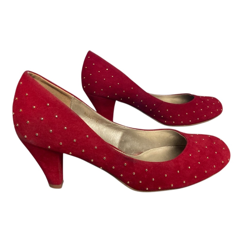 3/$15 Red Studded Round Toe Pumps Mid Kitten Heel Retro Desk Dinner Shoes
